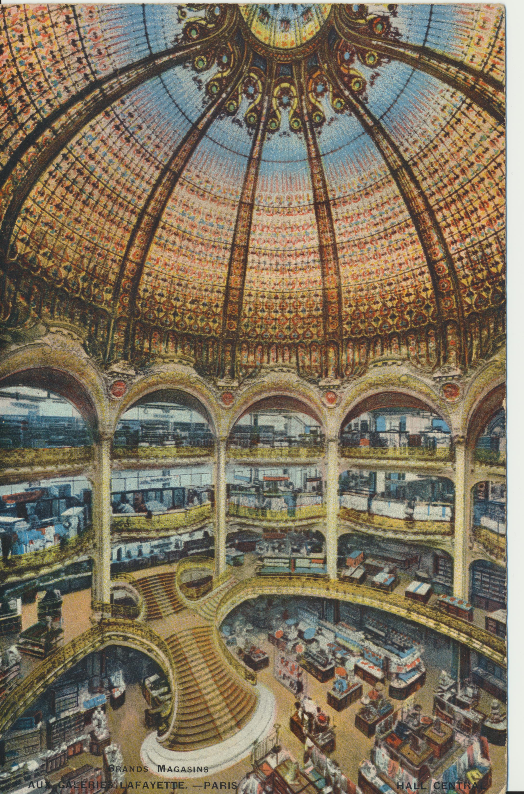 5-Vue intérieure du grand hall et de la coupole d’origine, Galeries Lafayette Paris Haussmann, carte postale, 1912 © Galeries Lafayette